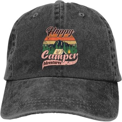 Happy Camper Hat,Adjustable Baseball Caps,Classic Sports Ball Hat Gift for Women Men,Distressed Denim Dad Hat for Camping