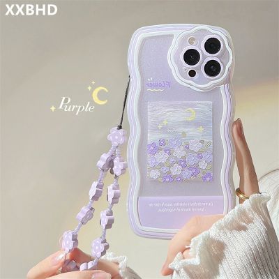 「Enjoy electronic」 Korean Style Sweet Painting Purple Flower Lanyard Anti drop For iphone 11 12 13 14 Pro Max Xr X Xs Max 7 8 Plus Soft Phone Case