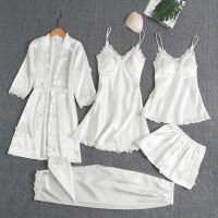 Spring Pajamas Suit Sexy Five Piece Set White Lace Trim Wedding Robe Set Kimono Bathrobe Gown Thin Silk Sleepwear Home Clothes