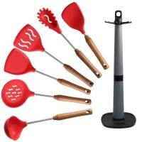 Hanging Stainless Steel Wooden Handle Silicone Kitchenware Set Heat-resistant Anti-skid Spatula Spoon Drain Spoon