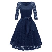 Anself Vintage Audrey Hepburn Dress Women 1950s Crochet Lace Pleated Dress 34 Sleeve Belt Evening Party Swing Princess Dress