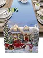 【LZ】✐☍  Natal boneco de neve casas árvore de natal caminhão mesa corredor decoração do casamento bandeira decorações de natal para casa pano de mesa