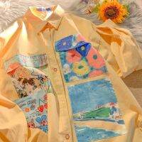 COD dhdfxcz Yellow Oil Painting Print Shirts Women Thin Loose Button Up Blouses Long Sleeved Oversize Shirt