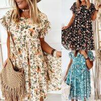 Elegant Womens Casual Midi Dresses 2023 Summer Flower Short Sleeve Fashion Loose Comfortable Dress Beach Vesido Mujer