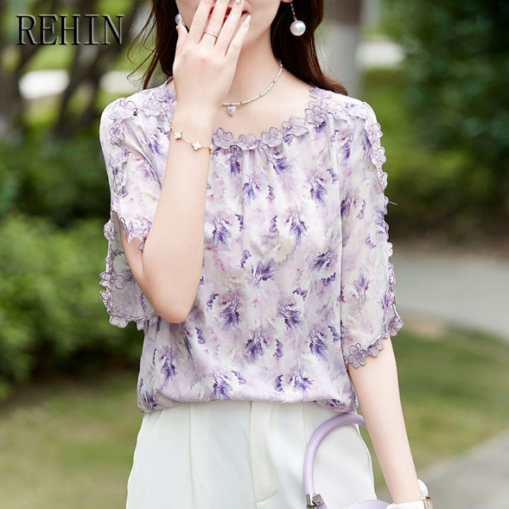 rehin-เสื้อเชิ้ตผ้าชีฟองปักลายแบบแขนสั้นลายออกแบบ-เสื้อสตรีทรงหลวมคลุมท้องสำหรับฤดูร้อน