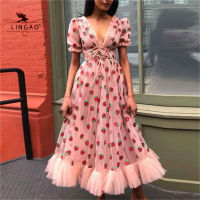 y V-Neck Belt Strawberry Hot Stamping Short Sleeve Party Mid-Length Dress Net Yarn Summer New Womens Clothing 2021 Dresses