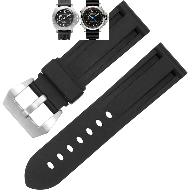 24MM Soft Black Rubber Strap Black Engraving Buckle Replacement fits Panerai 