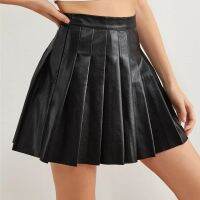 Women High Waist Pleated Skirt Spring Summer Casual Faux Leather A-line Black Leather Mini Skirts for Girls Y2k Skort Clothes