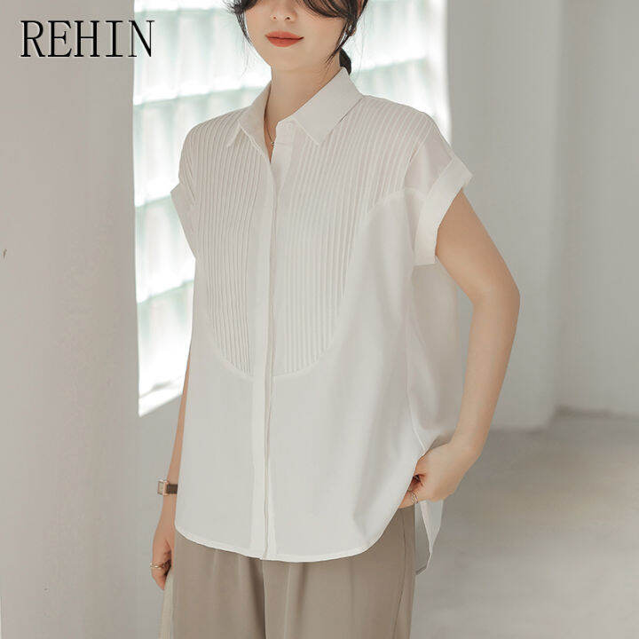 rehin-สีขาวเสื้อเชิ้ตเสื้อผู้หญิง-สไตล์ฤดูร้อนสดใสเรียบง่ายสวมใส่ได้หลายโอกาสการออกแบบที่ไม่เหมือนใครเสื้อหรูหราแขนสั้น