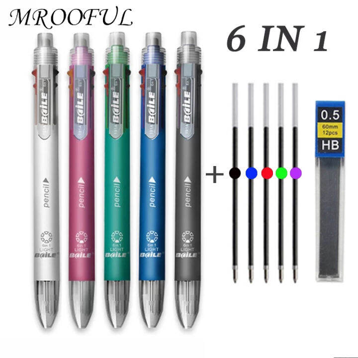 6 In 1 Multifunction Ballpoint Pen 5color Ballpoint Pen 0.5mm Automatic Pencil Top Rubber