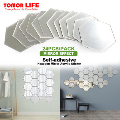 Tomor Life 24Pcs Self-Adhesive Hexagon Mirror สติกเกอร์อะคริลิค Creative Mosaic กระเบื้องสำหรับตกแต่งผนัง