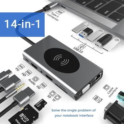14 In 1 Type C ฮับ USB แท่นวางมือถือ HDMI-เข้ากันได้สำหรับ Macbook RJ45ชาร์จไร้สายการ์ดรีดเดอร์ SD USB-C Type-C SPlitter Hub Feona
