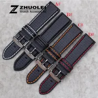18mm 20mm 22mm 24mm Mens Watch Band Carbon Fibre Watch Strap with Red Stitched + Leather Lining Stainless Steel Clasp watchband Straps