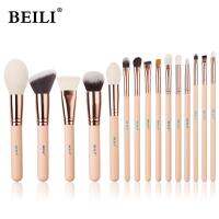 BEILI 15ชิ้นแปรงสำหรับแต่งหน้ากุหลาบขนแพะธรรมชาติแปรงปัดแป้งรองพื้นผมสีชมพูชุดแปรงอายแชโดว์ Brochas Maquillaje