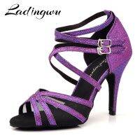 Ladingwu Latin Dance Shoes Purple Flash Cloth Size US 3.5-12 10Cm Heel Height Professional Salsa Dance Shoes For Women