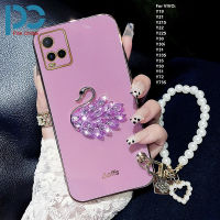 เคสโทรศัพท์สร้อยข้อมือไข่มุกชุบด้วยไฟฟ้า6D รูปหงส์แฟชั่นสำหรับ VIVO Y19 Y21 Y21S Y22 Y22S Y73S Y30 Y30i Y31 Y33S Y35 Y72 Y51กันตกทนทาน