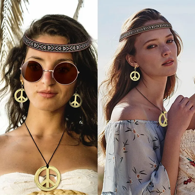 Cvurire【Ready!】Hippie Costume Set For Women Kit Includes Sunglasses, Peace  Sign Necklace And Peace Sign Earring, Bohemia Headband For 60s 70s Party  Accessories