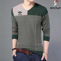 CODAndrew Hearst Autumn Mens Long-sleeved T-shirt Youth V-neck Color Matching Knit Sweater Pullover Shirt