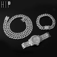 [Aishang watch industry]Hip Hop Full Iced Out ปู Rhinestones Miami Curb Cuban Chain สร้อยคอนาฬิกาสร้อยข้อมือ CZ Bling Rapper เครื่องประดับสำหรับผู้ชาย