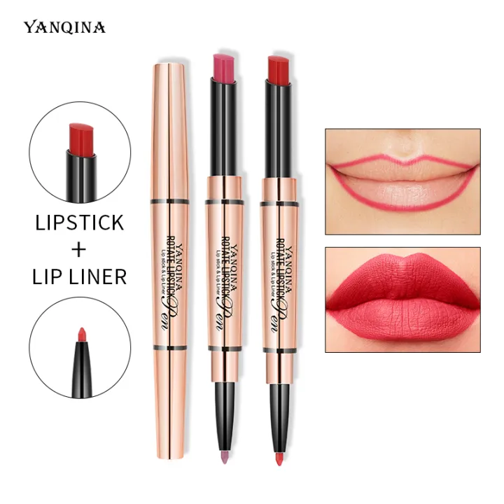 YANQINA 2 In1ลิปสองหัวสีติดทนนานลิปสติกหลอดขนาดเล็กกันน้ำ | Lazada.co.th