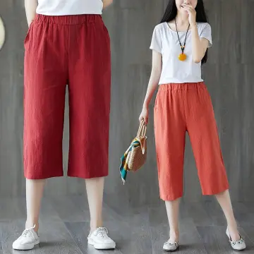 S8XL Womens Elastic Waist Pockets Knee Length Pants Plain Loose Cotton  Pants  eBay