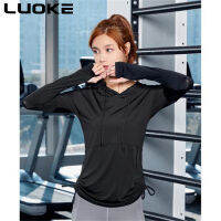 Luoke กีฬา Hoodie แห้งเร็ว Breathable บางกีฬาสีทึบเข้ารูปพอดีปุ่มหัวแม่มือผู้หญิงแขนยาว