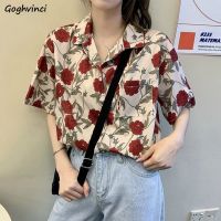 ☽✙ Women Shirts Short Sleeve Summer Sum-proof Harajuku Rose Print Vintage Retro Korean Style Loose Teens Streetwear Chic Tops 2022