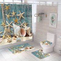 【Bathroom sale】 StarfishCurtain ShellBeach พิมพ์ม่านอาบน้ำชุดเสื่อ PolyesterToilet พรมพรมกันลื่น