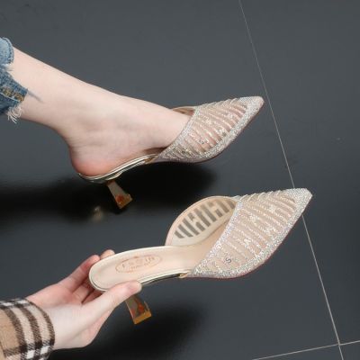 ℗℡ Baotou Half Slippers Female 2022 New Daily Rhinestone Pointed Stiletto Slippers High Hee