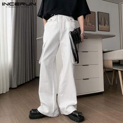 INCERUN กางเกงยีนส์ขาบานสำหรับผู้ชาย,กางเกงทรงชินอสยาวสไตล์เกาหลี