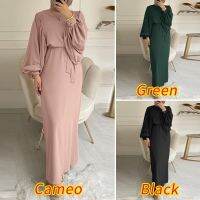 Muslim popular fashion lantern sleeve waist hip crew neck long sleeve womens dress