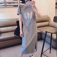 【YF】 Casual Summer Womens T-shirt Dresses Korean Solid Short Sleeve Spilt Long Midi Dress Fashion O Neck Print Loose Sundress Female