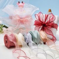 10M Sheer Wired Organza Ribbons with Golden Edge Chiffon Ribbon Wrapping Gift Box Wedding Bridal Bouquet Christmas Decoration Gift Wrapping  Bags