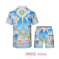 Seaside Castle Night Print Thin Silk Casablanca Short Set Men Women Hawaiian Beach Mesh Shortpant Shirts Suit