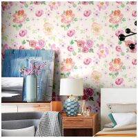 HaoHome Peel And Stick วอลล์เปเปอร์ Handpainting Seamless สีน้ำ Peony ดอกไม้สีเขียวใบ Self-Adhesive Preparsted Wallpaper