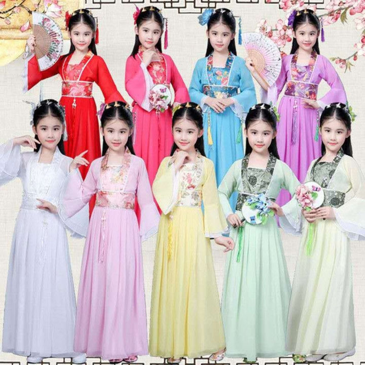 แฟนเต้นรำแบบดั้งเดิมชุดจีนแบบดั้งเดิมสำหรับเด็ก-hanfu-สีแดงร้อนสีชมพูสีฟ้าสีขาวสีเขียวสีเหลืองฮาโลวีนสาวเครื่องแต่งกาย