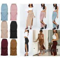 COD ❇ qafh47 LZP-Women Package Hip Skirt Summer Solid Color High Waist Split Skirt with Drawstring S/M/L/XL