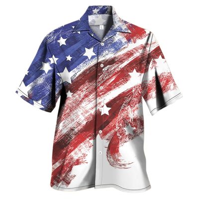 เสื้อเชิ้ตแขนสั้นปุ่มพิมพ์ผู้ชาย3D สไตล์อเมริกันปกเข้ารูปแบบปกตินกอินทรีธงรักชาติเสื้อเชิ้ตชายหาดฮาวาย