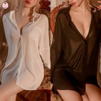 CODMing Chi Women Sheer T-shirt Blouse See Through Long Sleeve Long Top Sleepwear Lingerie