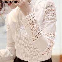 New Women Blouses Slim Bottoming Long-sleeved White Shirt Lace Hook Flower Hollow clothes S-5XL