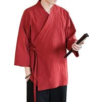 Hanfu แจ็กเก็ตคาร์ดิแกนลินินสไตล์จีนของผู้ชาย5XL เสื้อผ้าแบบดั้งเดิมที่สีทึบแจ็คเก็ตกิโมโนหลวม