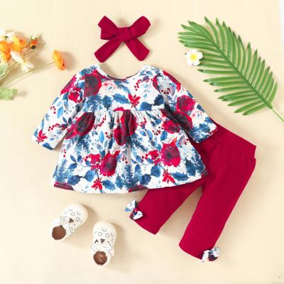 【cw】 Infant Child Sleeve Flowers Prints Skirts Bow Tie Pants Headband Outifits ！