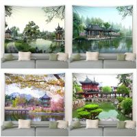 【CW】❣✁  Park Landscape Tapestry Pavilion Flowers Chinese Scenery Wall Hanging