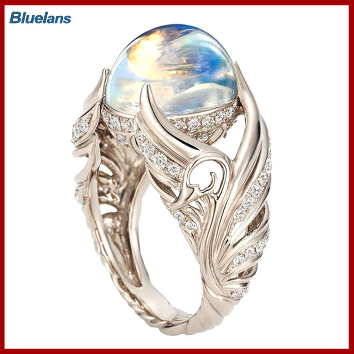Bluelans®ของขวัญเครื่องประดับงานแต่งงานแหวนใส่นิ้วทรงปีกฝังพลอยเทียมมูนสโตนสำหรับผู้หญิง