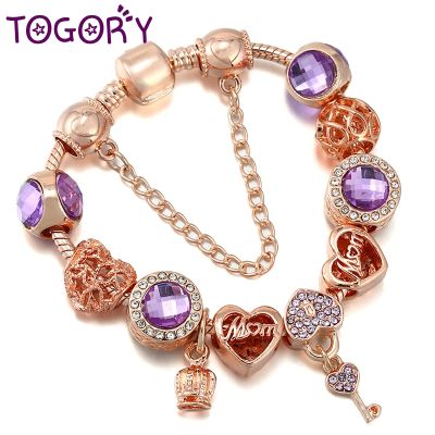 ❁ TOGORY Crystal Purple Charm Bracelet Crown Key Lock Pendant Beads Bracelets For Women Girlfriend Jewelry Gift Dropshipping
