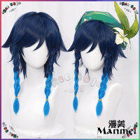 ขายดี -สินค้าล้างสต็อก [Manmei] Genshin Impact Venti Cosplay Wigs Game Blue Gradient Short Hair Heat Resistant Synthetic Wigs