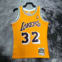 ขายดีเสื้อกีฬาของแท้สำหรับผู้ชาย Los Angeles Lakerss Lakerss เสื้อเจอร์ซีย์คลาสสิกทำจากไม้เนื้อแข็งแมจิกจอหน์สันสีม่วง/สีเหลือง