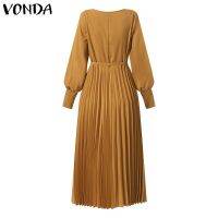 VONDA Women Casual Korean Square Collar Long Sleeve Solid Color Belted Tunic Pleated Long Dress