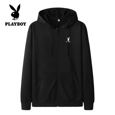 PLAYBOY บุรุษ Cardigan เสื้อกันหนาวซิปเสื้อกันหนาวหมวกกันน็อกนักเรียนหนุ่มถักเสื้อสเวตเตอร์ถักกำมะหยี่พร้อมหมวก