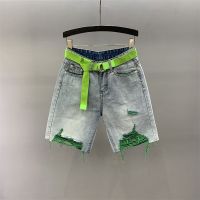 【มีสินค้า พร้อมส่ง】2023 Summer Beggars Broken Hole Denim Quarter Shorts Womens High Waist Loose Slim Straight Mid pants